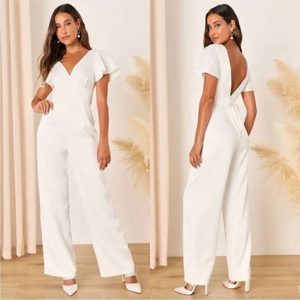 Lulus NWT Romantic Beginnings Satin Flutter Sleeve WideLeg Jumpsuit Ivory Medium